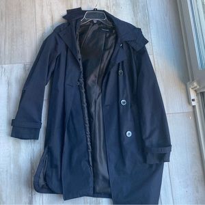 Tahari women’s jackets and coats navy blue overcoat size M buttons long length